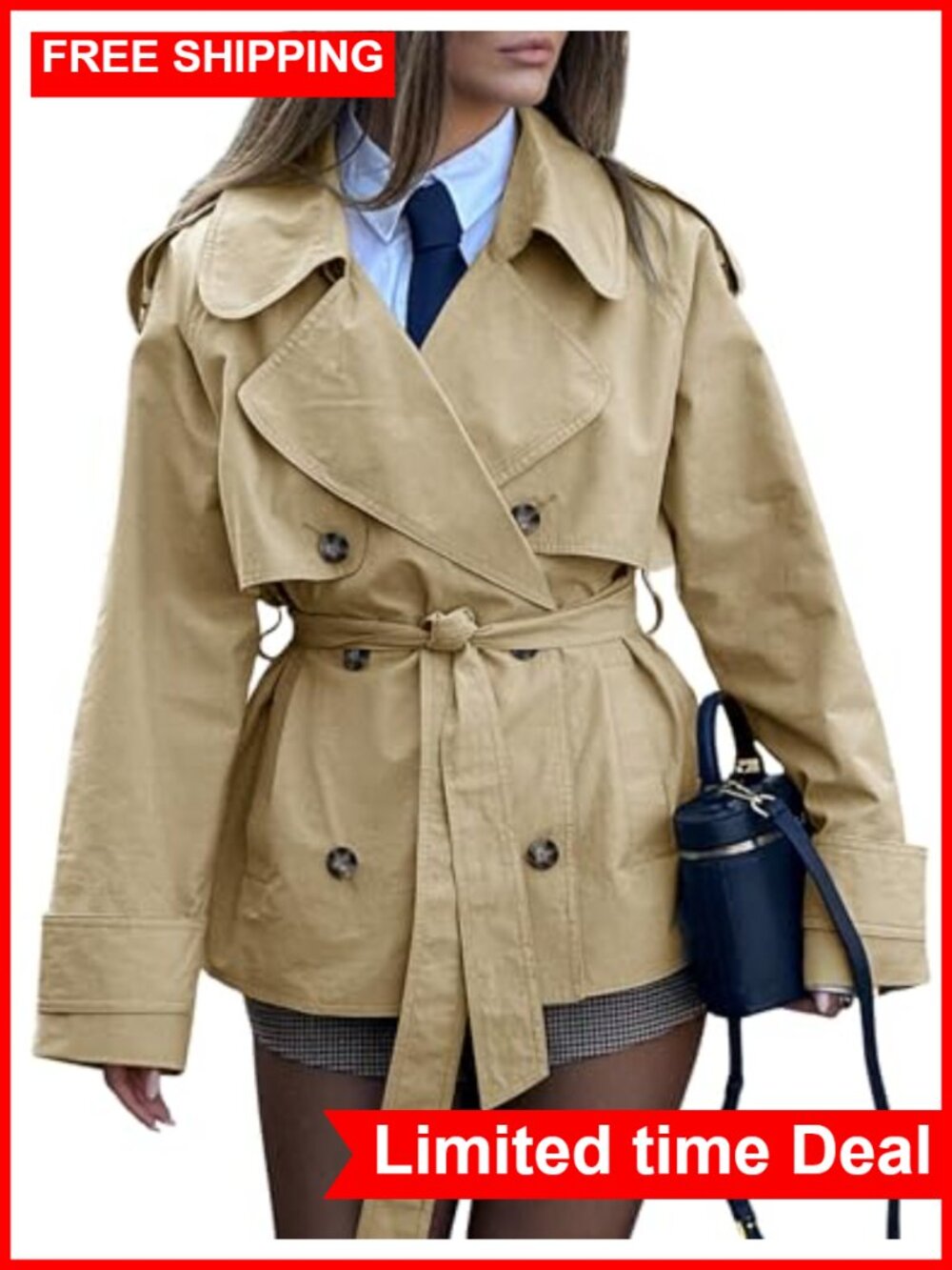 Cropped Trench Coat 100% Cotton Double Breasted Belt Women